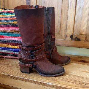 Freebird Brown Heeled Boots with Buckle Detail